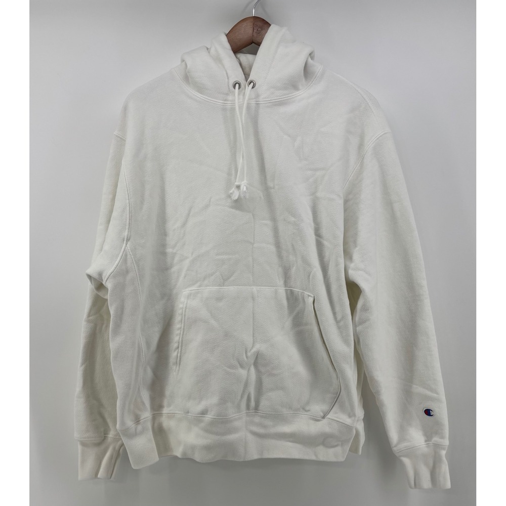 Champion Reverse Weave Hoodie Men's Large White Pullover Embroidered Logo